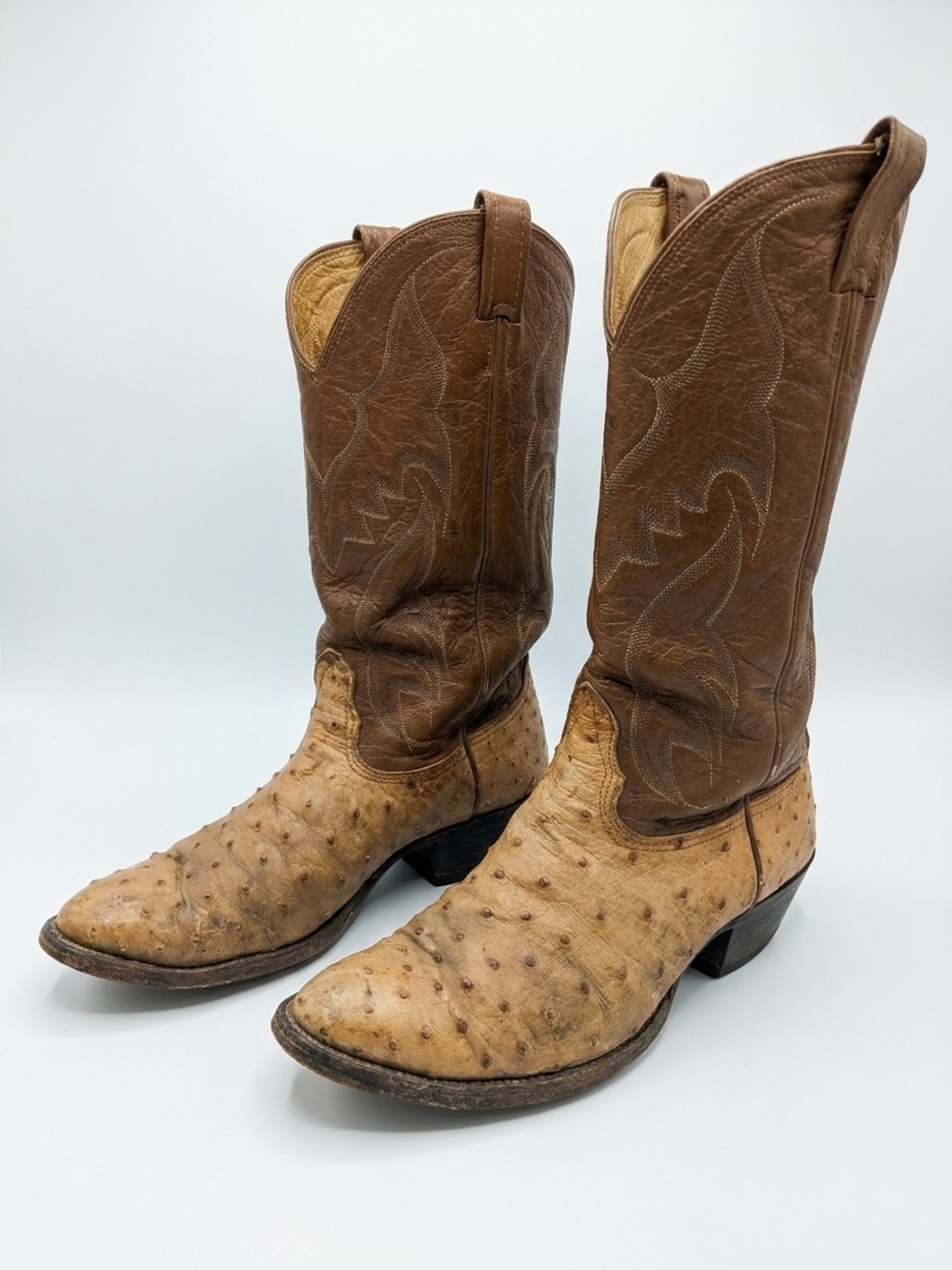 Two-Tone Brown Cowboy Boots with Ostrich-Style Toe